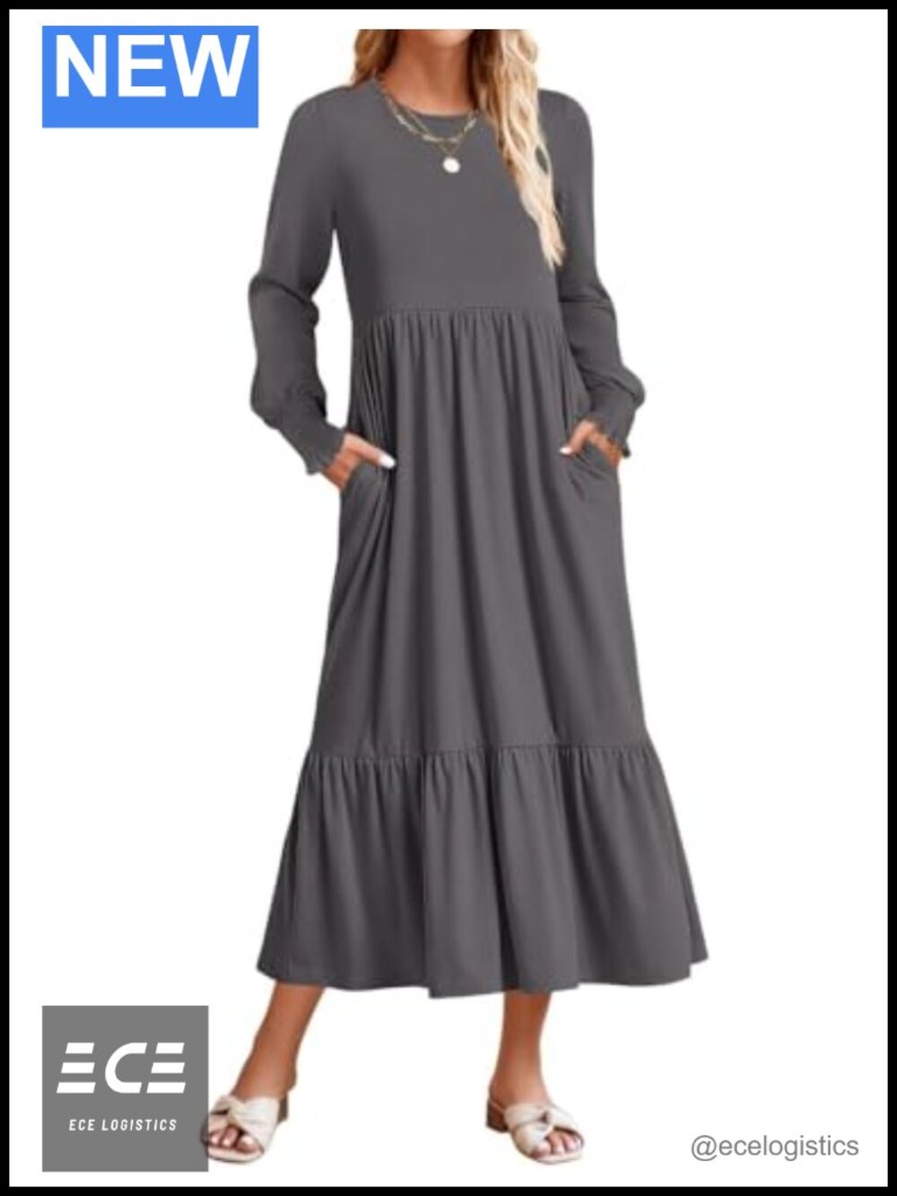 Casual Boho Long Sleeve Maxi Dress Smocked High Waist Tiered Flowy